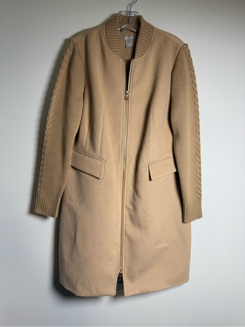Chico's 1 (8-10) Women's Beige Full Zip Mid-Length Knit Jacket Sweater Sleeves